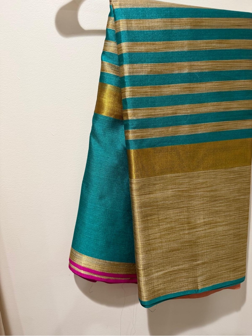 Teal Blue Indian Saree | Gold Striped Traditional Sari
